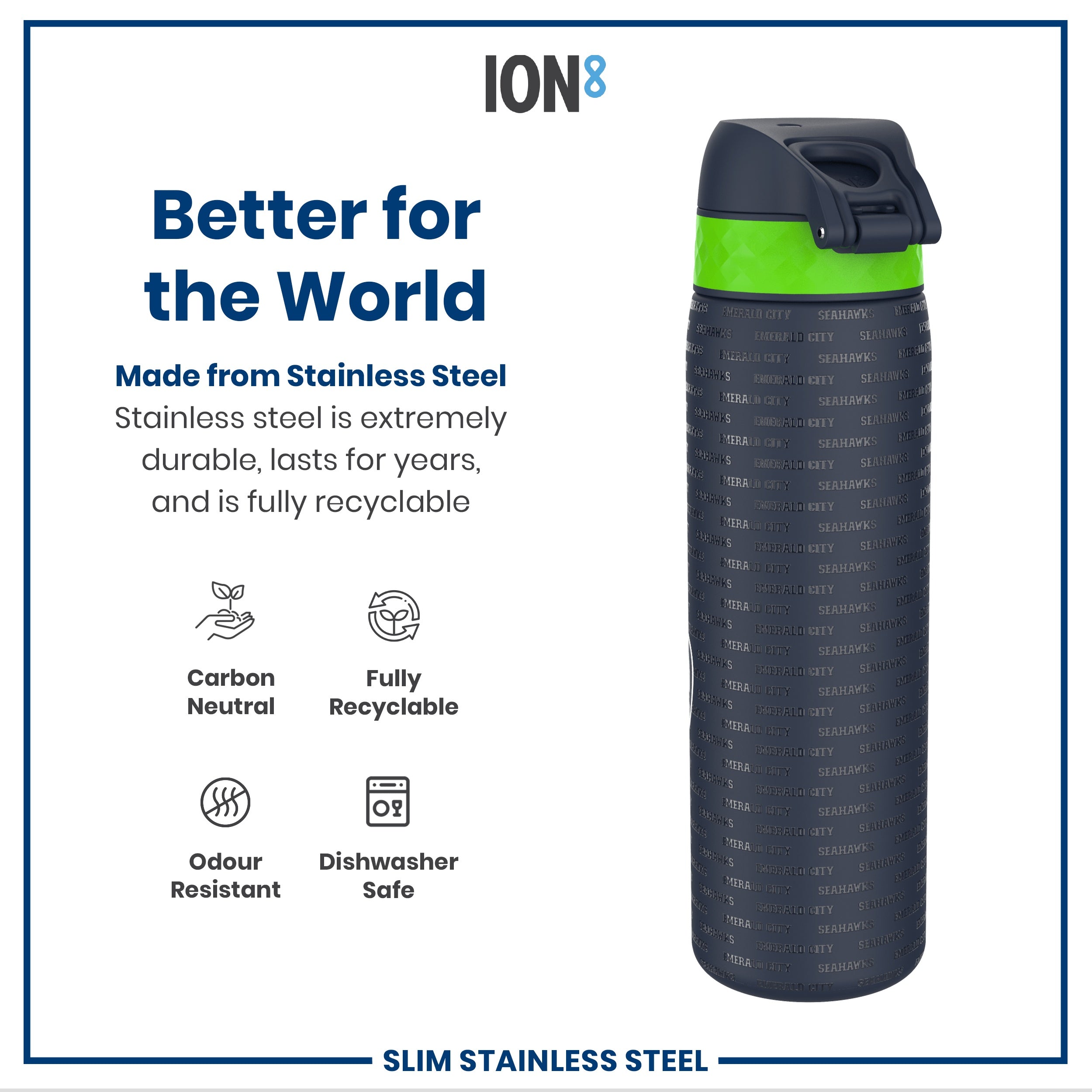 Leak Proof NFL Water Bottle, Stainless Steel, Seattle Seahawks, 600ml (20oz)