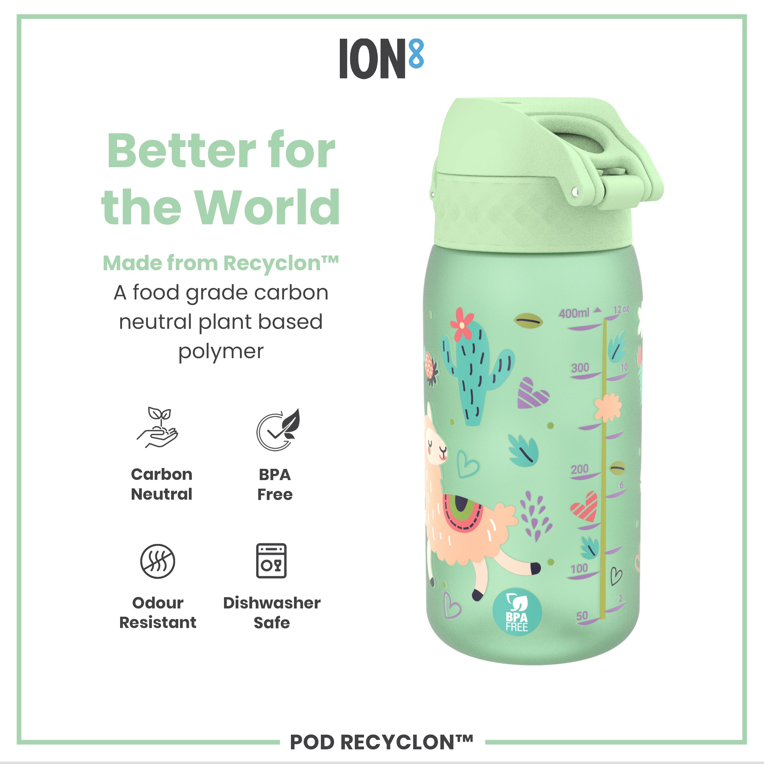 Leak Proof Kids Water Bottle, Recyclon, Llamas, 350ml (12oz)