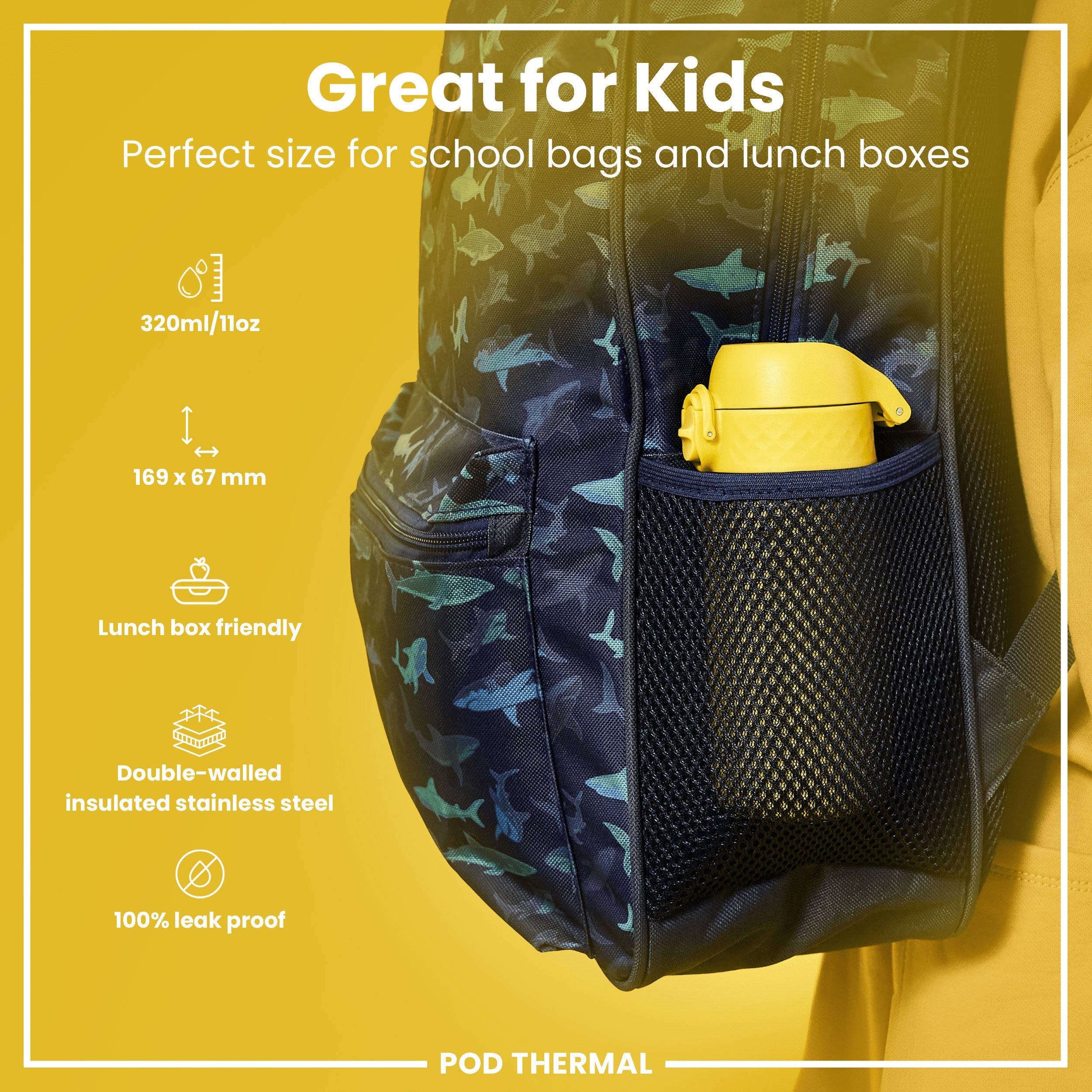 Leak Proof Thermal Water Bottle, Insulated Steel, Yellow, 320ml (11oz)