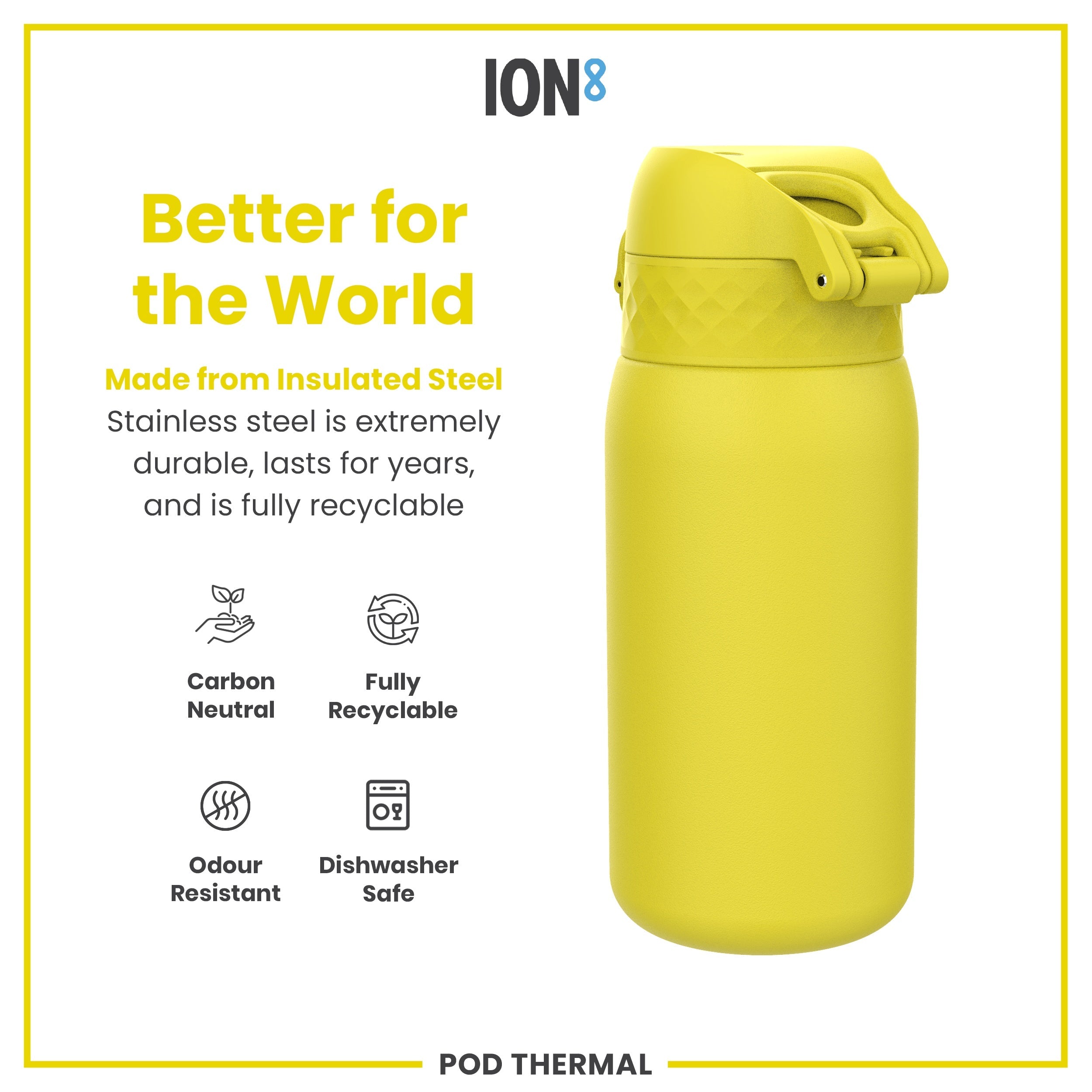 Leak Proof Thermal Water Bottle, Insulated Steel, Yellow, 320ml (11oz)