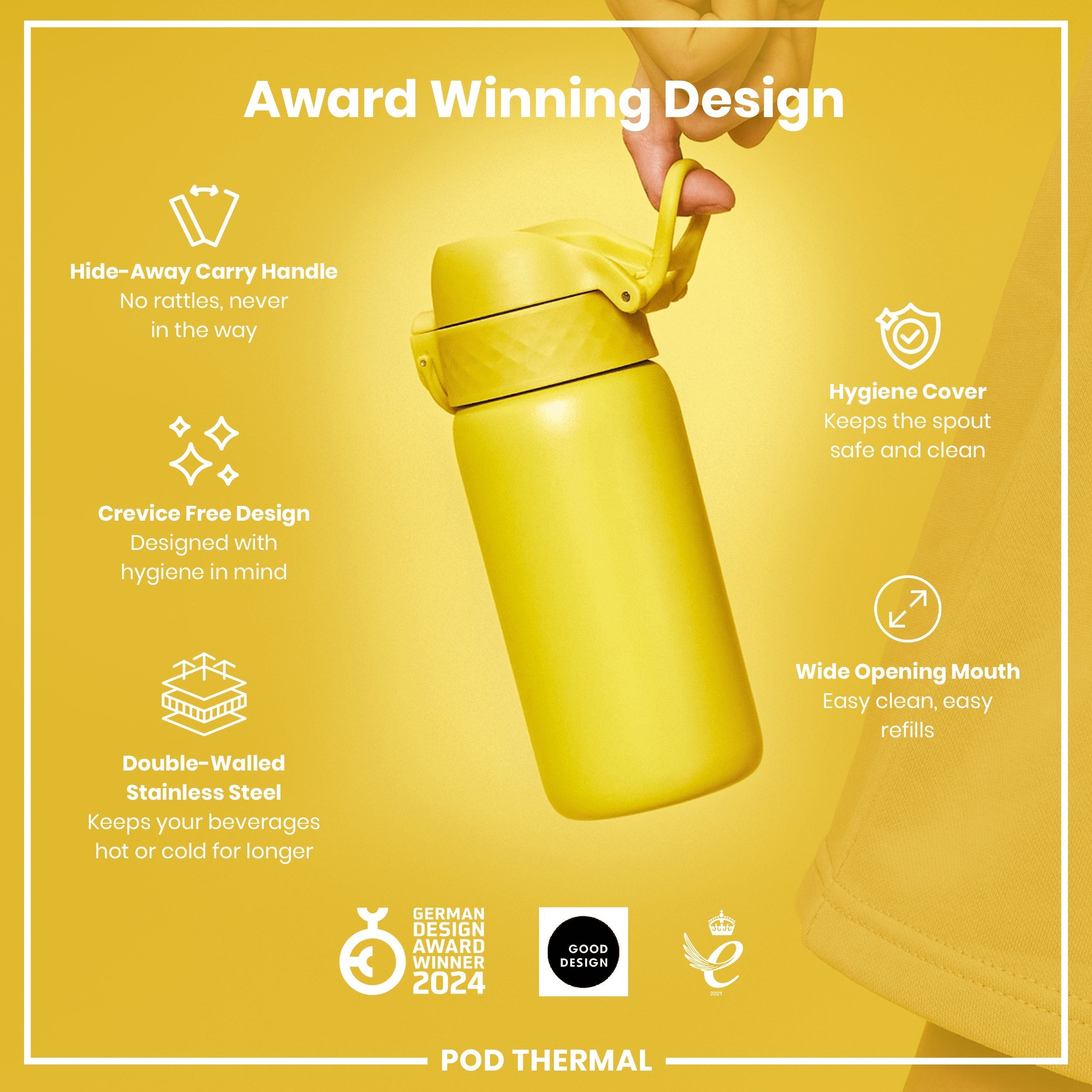 Leak Proof Thermal Water Bottle, Insulated Steel, Yellow, 320ml (11oz)