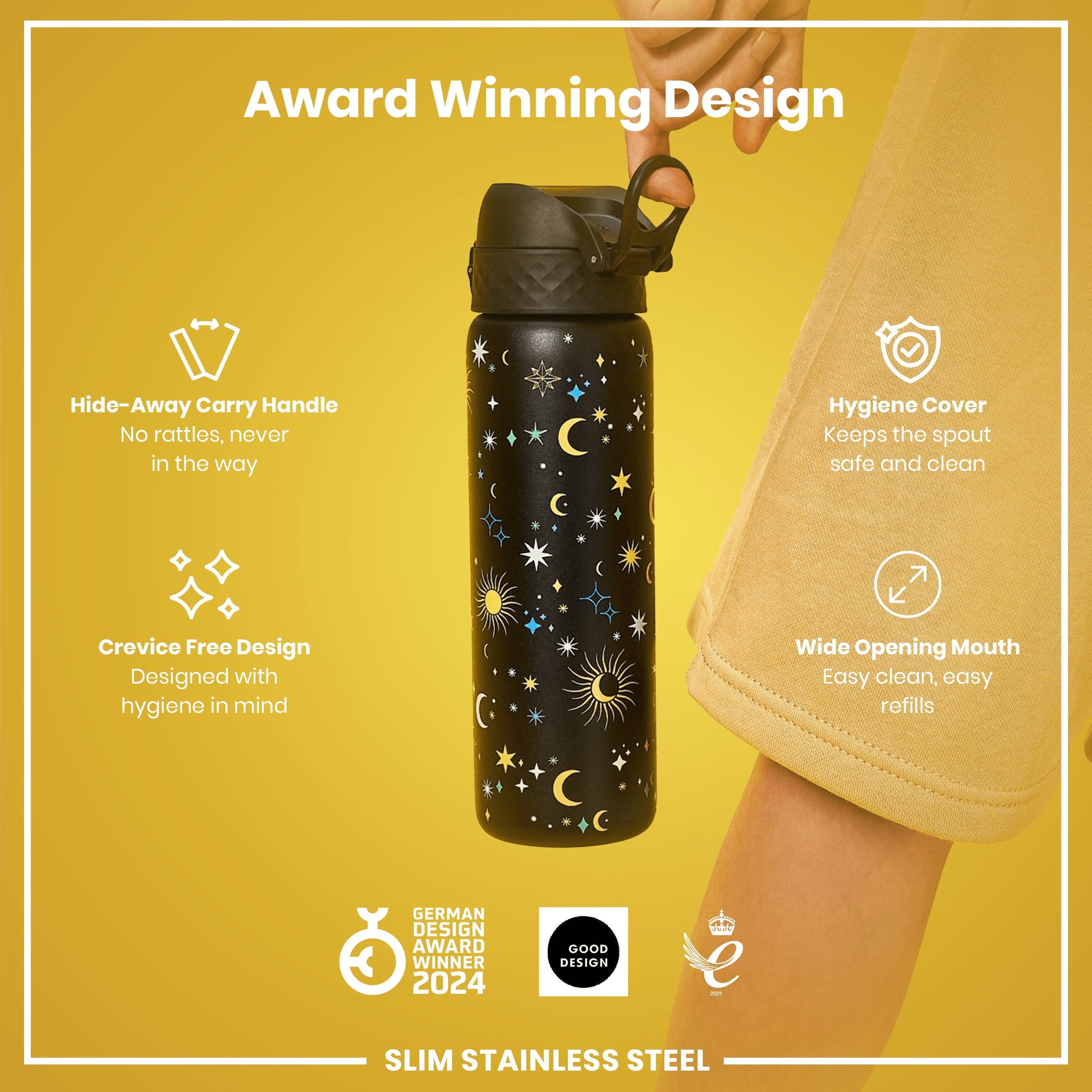 Leak Proof Slim Water Bottle, Stainless Steel, Celestial, 600ml (20oz)