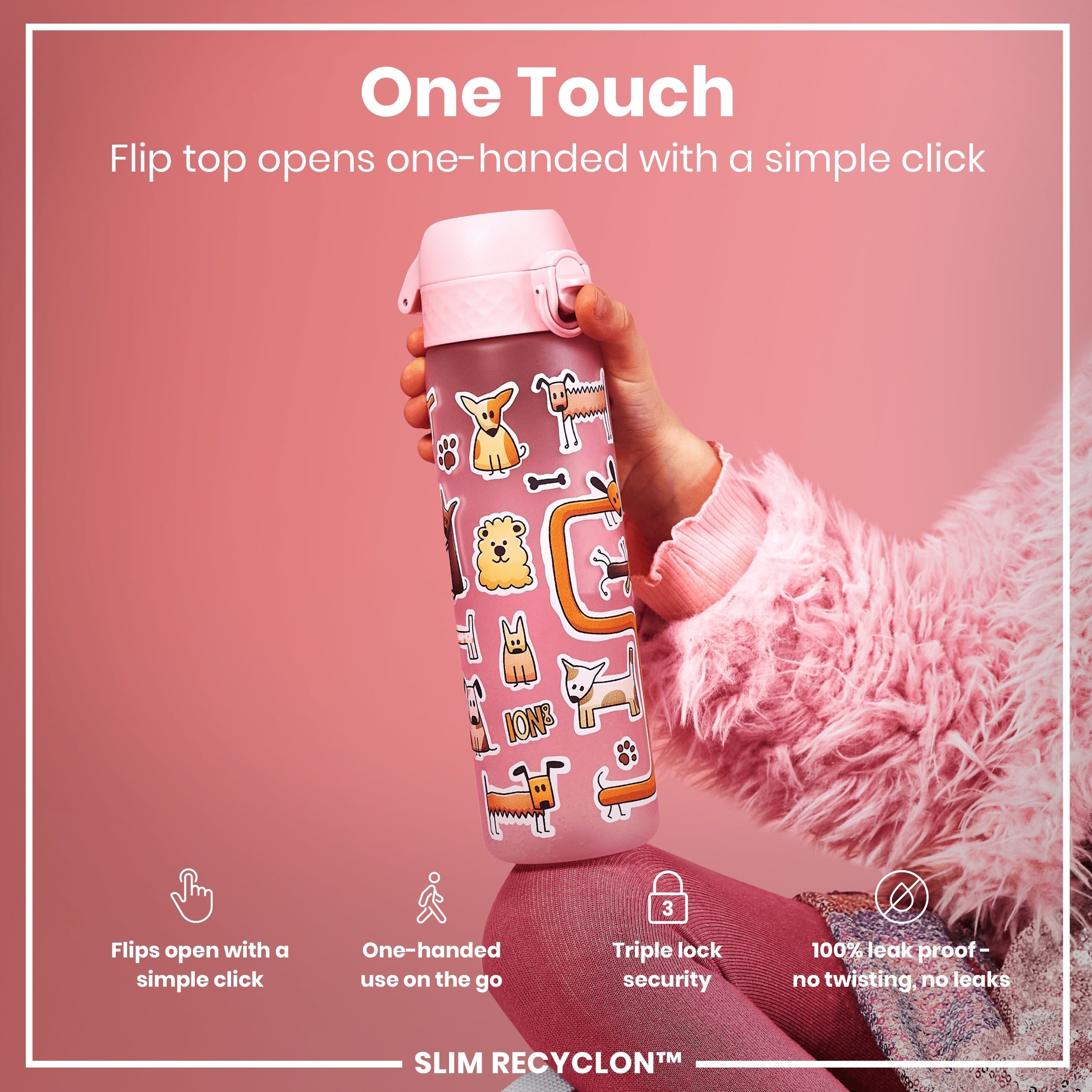 Leak Proof Slim Water Bottle, Recyclon, Dogs, 500ml (18oz)