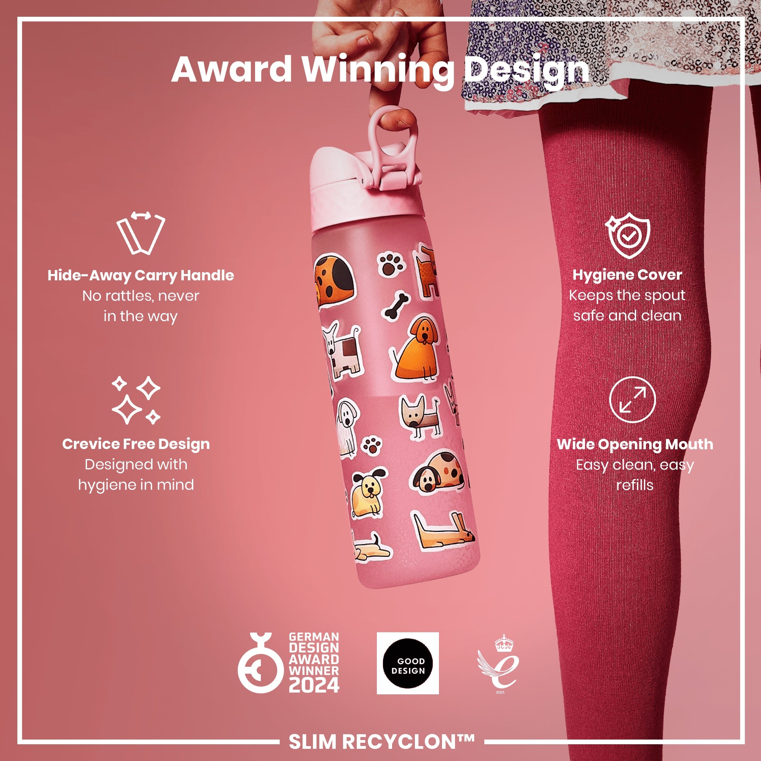 Leak Proof Slim Water Bottle, Recyclon, Dogs, 500ml (18oz)