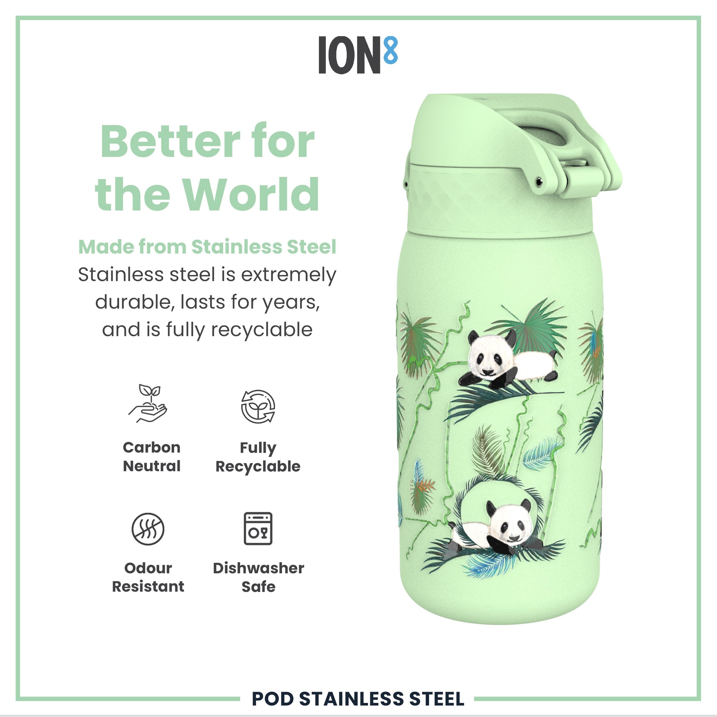Leak Proof Kids Water Bottle, Stainless Steel, Pandas, 400ml (13oz)