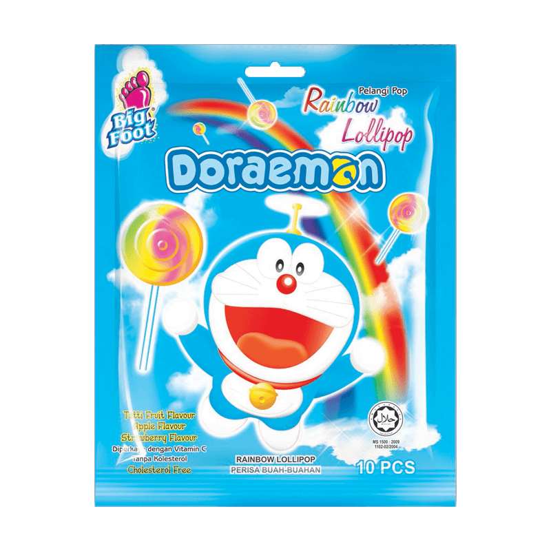 Big Foot Doraemon Rainbow Lollipop 100g – Colourful Swirl Rainbow Lollipops (Assorted Flavours)