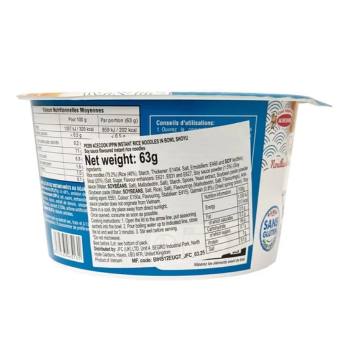 Acecook Ippin Instant Noodles In Bowl Shoyu Flavour 63g