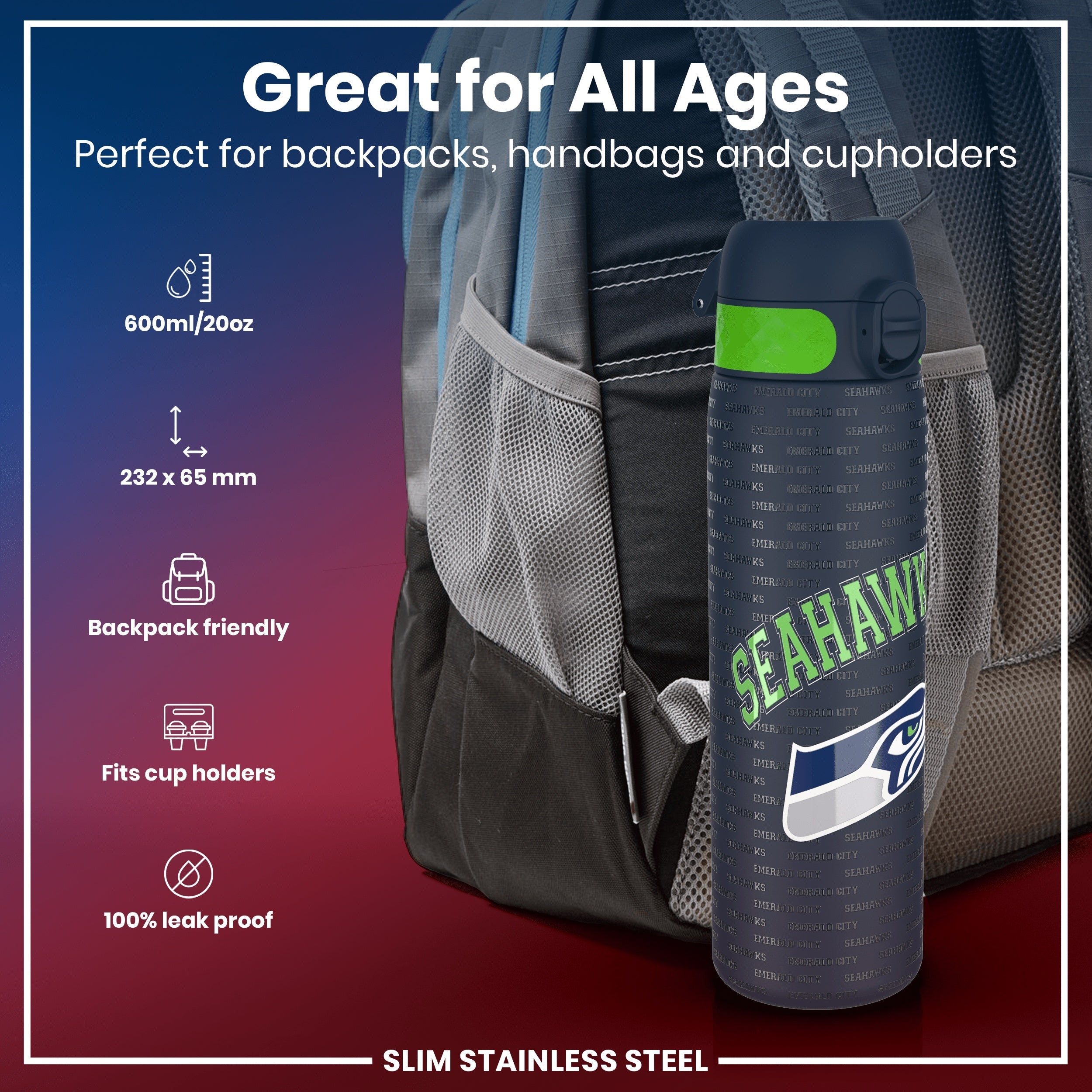 Leak Proof NFL Water Bottle, Stainless Steel, Seattle Seahawks, 600ml (20oz)