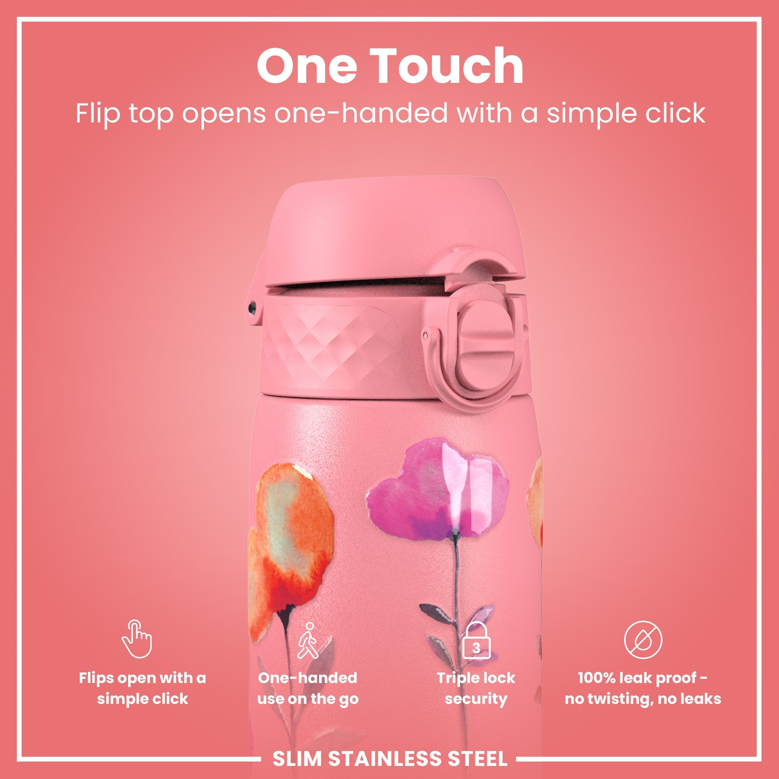 Leak Proof Slim Water Bottle, Stainless Steel, Flowers, 600ml (20oz)