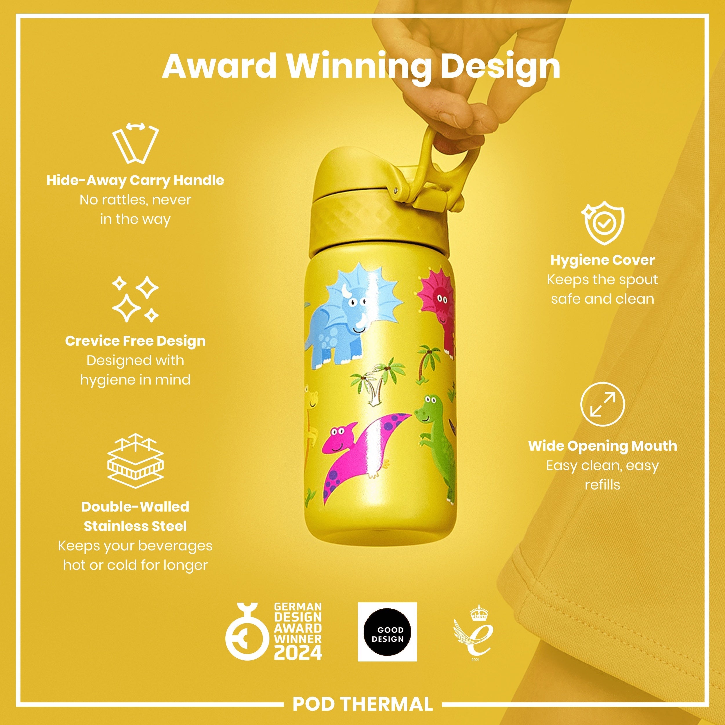 Leak Proof Thermal Steel Water Bottle, Insulated, Dinosaurs, 320ml (11oz)