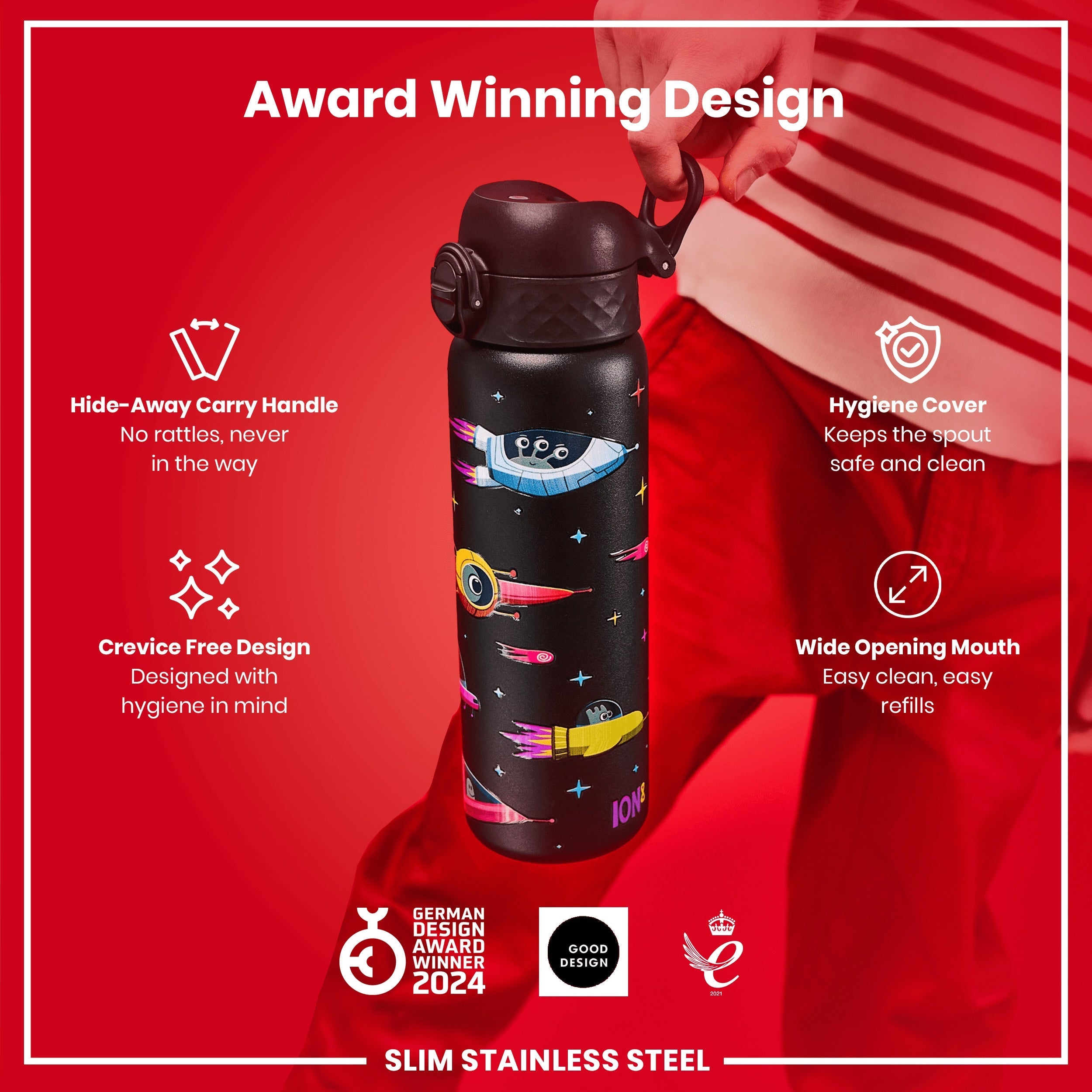 Leak Proof Slim Water Bottle, Stainless Steel, Spaceships, 600ml (20oz)