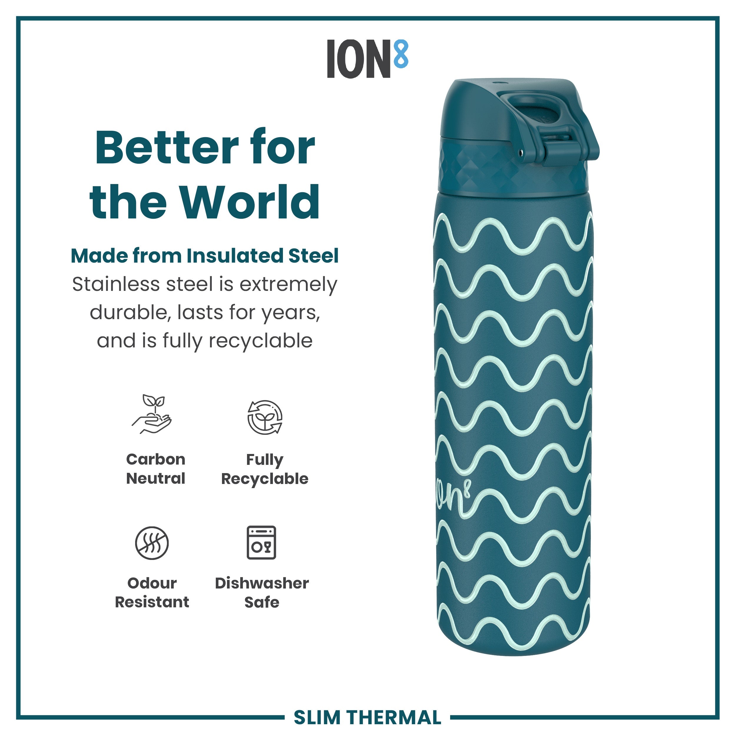 Leak Proof Slim Thermal Water Bottle, Insulated Steel, Wave, 500ml (17oz)
