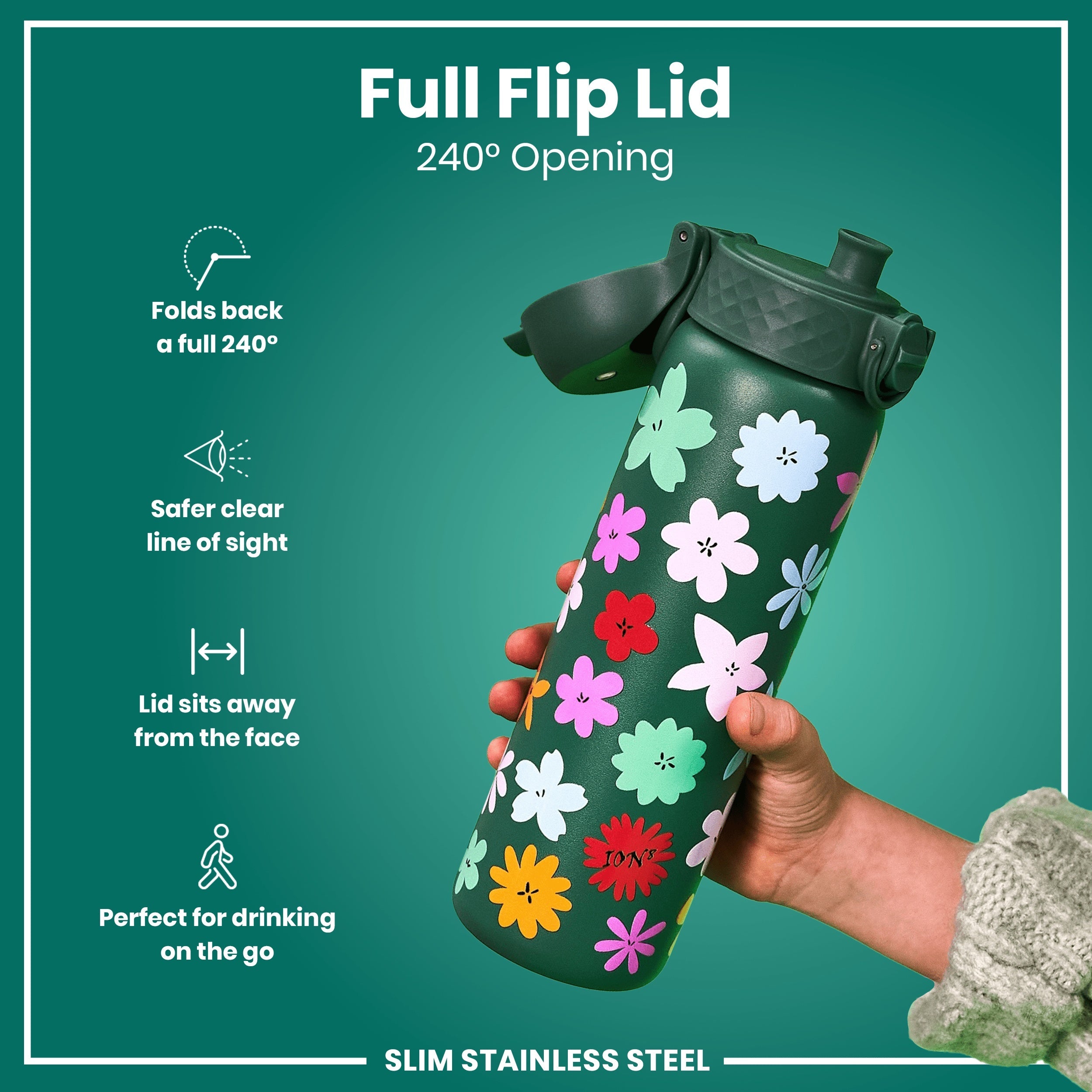 Leak Proof Slim Water Bottle, Stainless Steel, Floral, 600ml (20oz)