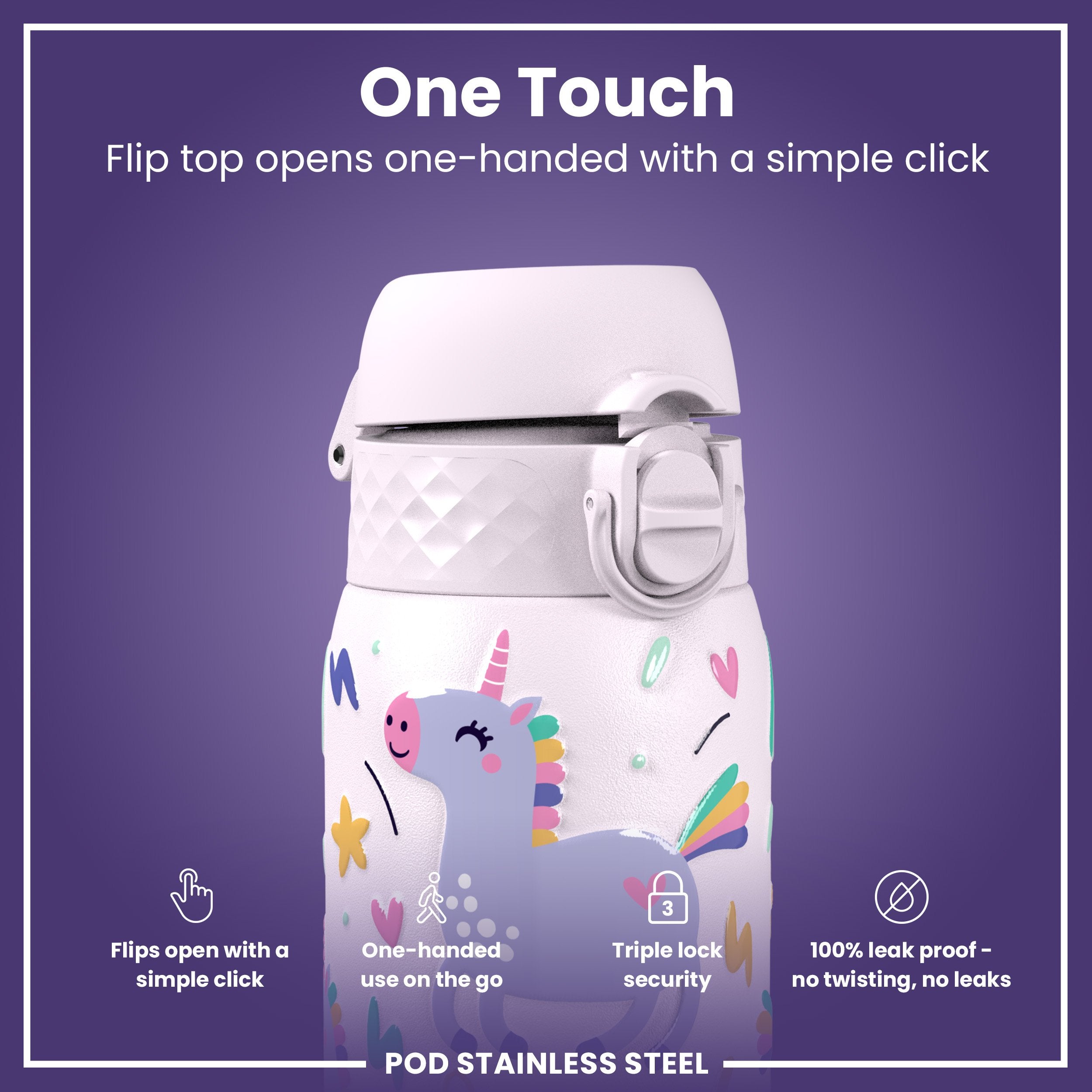 Leak Proof Kids Water Bottle, Stainless Steel, Unicorns, 400ml (13oz)