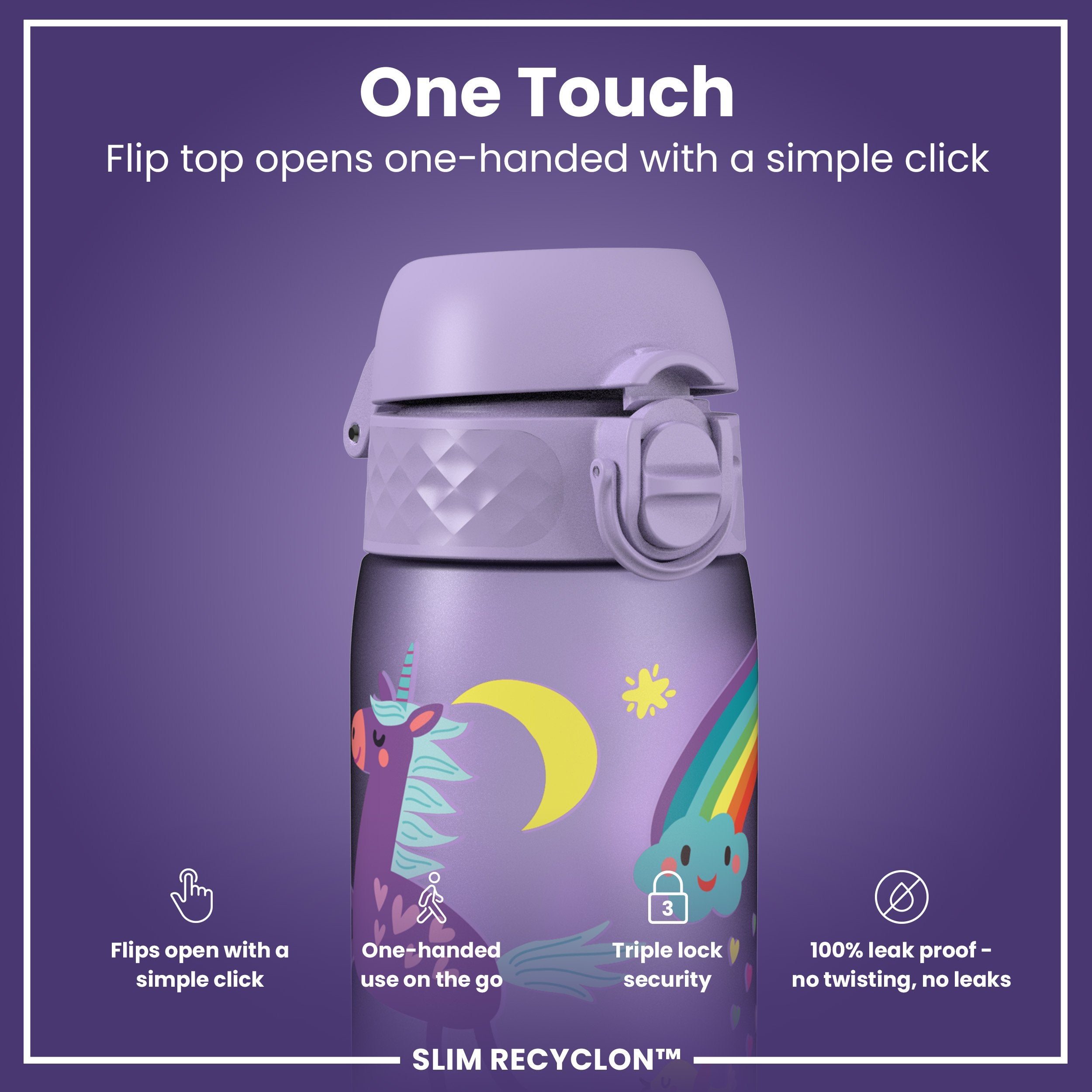 Leak Proof Slim Water Bottle, Recyclon, Purple Unicorns, 500ml (18oz)